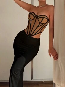 女士时尚性感撞色滚边抹胸露脐上衣黑色夏季 - 黑色 - 查看 6