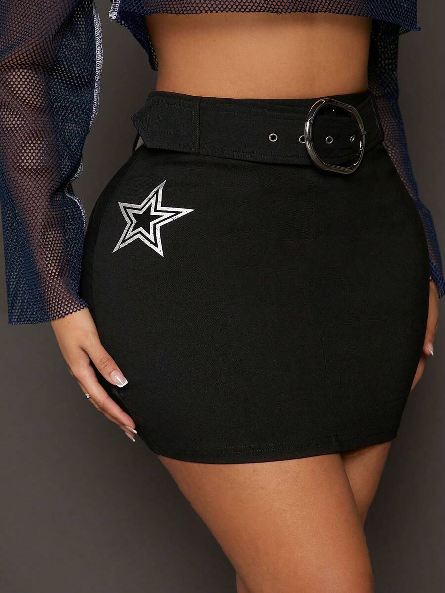 SHEIN SXY 女性超大腰圍金屬太陽紐扣銀星印花修身迷你裙 - 黑色 - 查看 1