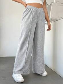 SHEIN EZwear Plus Size Knitted Wide Leg Sweatpants - Grey - View 5