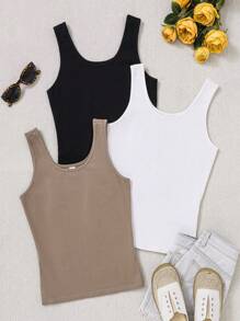 SHEIN Leap Crew Teen Girl Knitted Basic Solid Color U-Neck Tank Top For Summer Set Of 3 - Multicolor - View 1