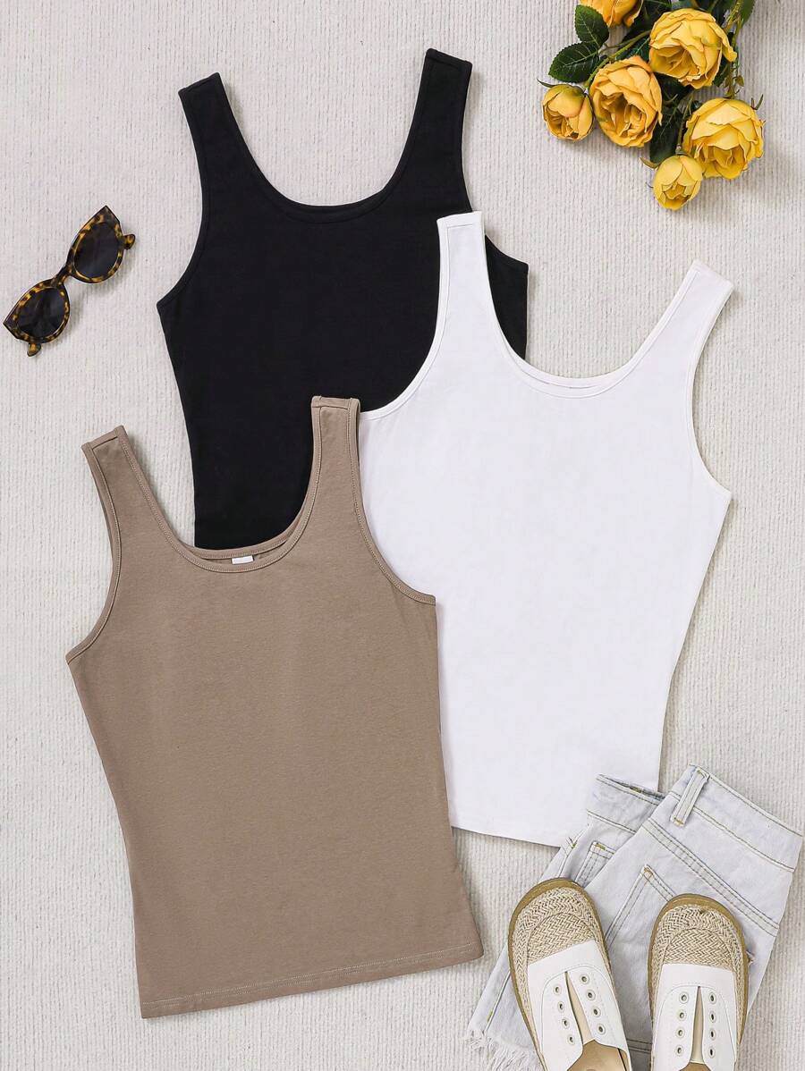 SHEIN Leap Crew Teen Girl Knitted Basic Solid Color U-Neck Tank Top For Summer Set Of 3 - Multicolor - View 1