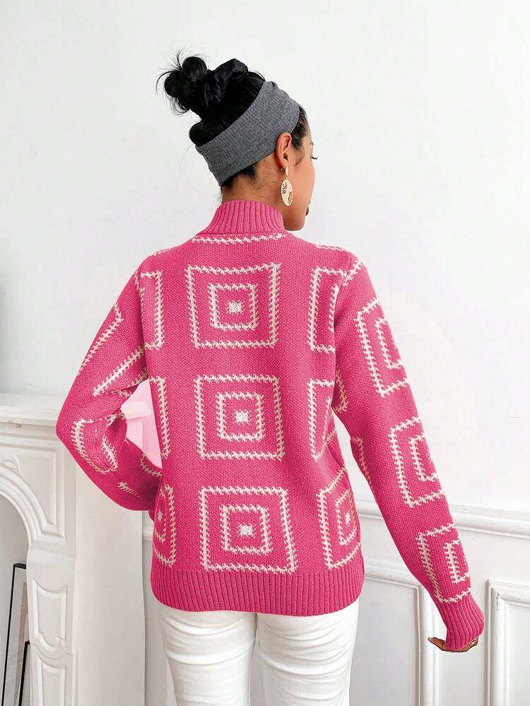 Women's Geometric Pattern Stand Collar Knit Pullover Fall Winter Sweater