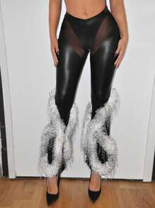 SHEIN ICON 低腰蓬松网布拼接紧身喇叭裤 - 黑色 - 查看 1