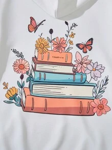 SHEIN Sudadera Con Capucha Para Niñas Adolescentes Con Estampado De Flores Y Libros - Blanco - Ver 4