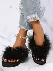 2024 Spring Summer Slippers With Feathers Women'S Outdoor Fluffy Flip Flops For Beach Vacation - Black - View 3