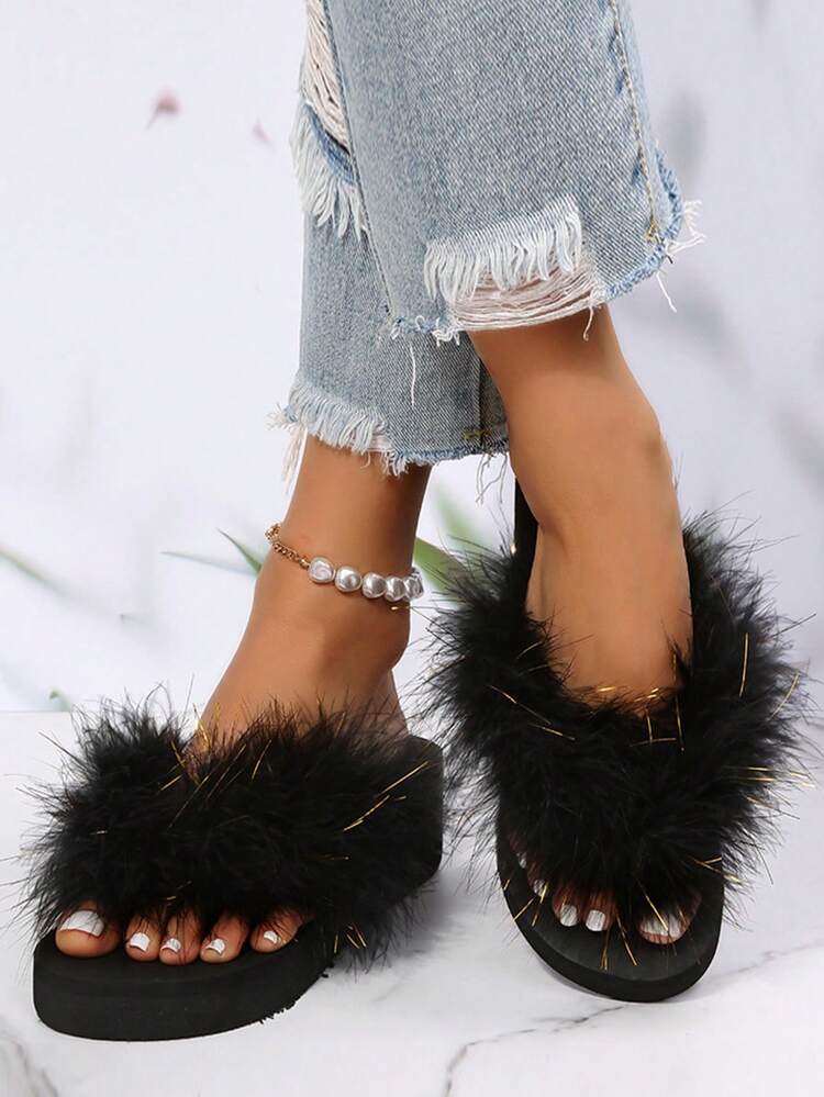 2024 Spring Summer Slippers With Feathers Women'S Outdoor Fluffy Flip Flops For Beach Vacation - Black - View 3