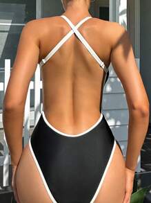 SHEIN Swim 夏季女士连体泳衣，带裹边、细肩带，嘉年华 - 黑與白 - 查看 2