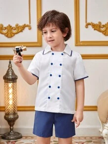 SHEIN 男童拼色纽扣衬衫和纯色短裤套装 - 白色 - 查看 4