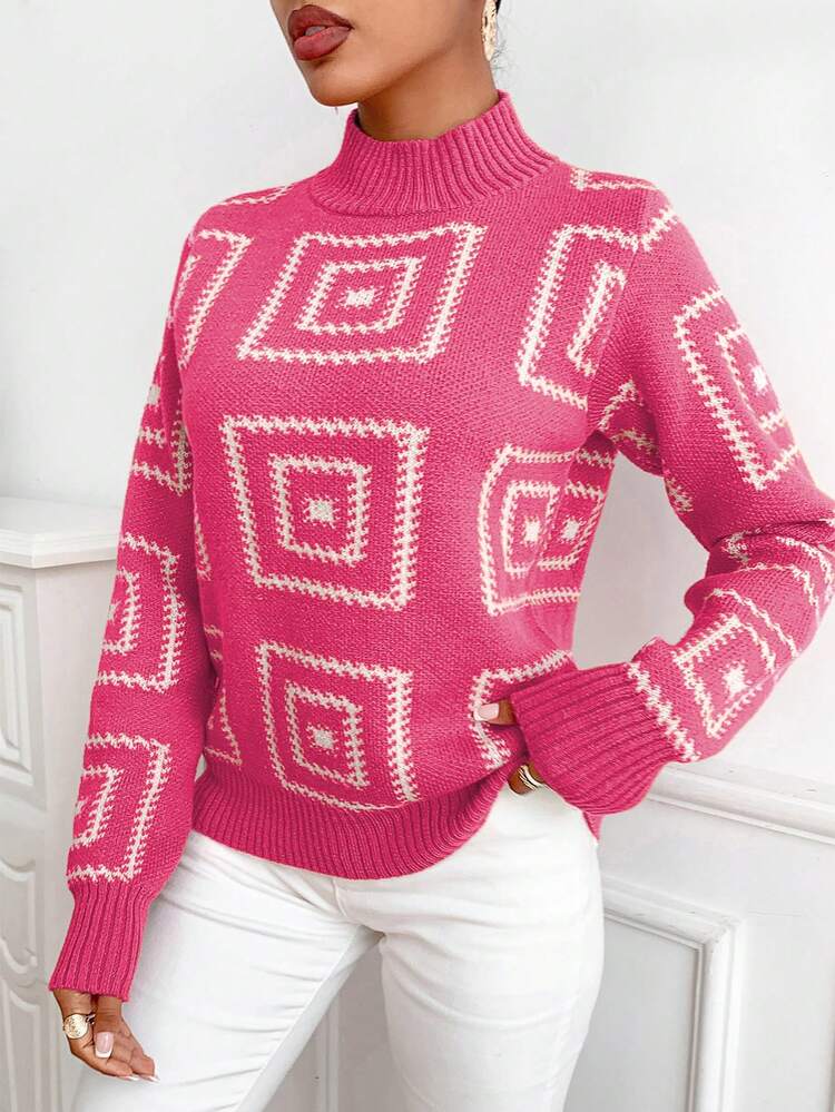 Women's Geometric Pattern Stand Collar Knit Pullover Fall Winter Sweater