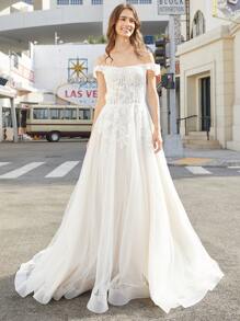 Off Shoulder Appliques Mesh Wedding Dress - Beige - View 8