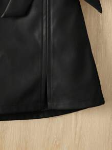 SHEIN Young Girl Comfortable Solid Color Pu Skirt With Bow Decoration For Casual Occasions - Black - View 3