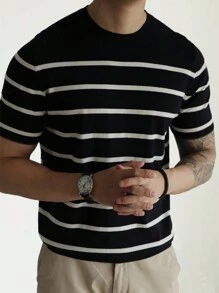 Manfinity Suéter Tejido A Rayas Para Hombre - Blanco y Negro - Ver 3