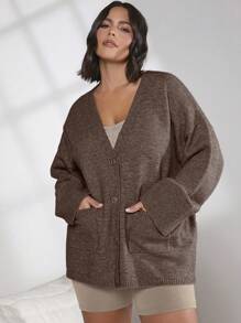 SHEIN BASICS 女裝加大尺碼純色雙口袋釦扣開衫毛衣 - 棕色 - 查看 3