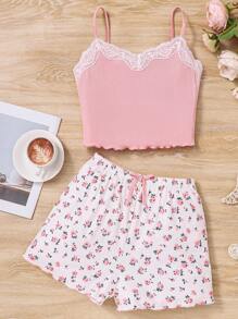 SHEIN Teen Girls' Lace Contrast Color Wave Hem Cami Top And Ditsy Floral Print Shorts Homewear - Pink - View 6