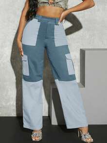 Hauture Pantalones de pierna ancha con bolsillo tipo cargo y bloques de color