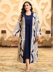Al Najma Plus Size Geometric Print Jacket And Drawstring Dress Two Pieces Set 2 Pieces Set