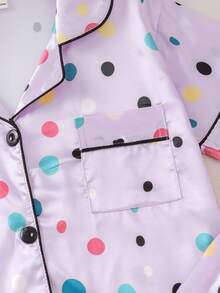 Tween Girls' Cute Purple Polka Dot Printed Short Sleeve Top & Pants Pajama Set With Button Front - Purple - View 7