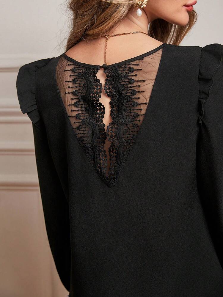 V-Neck Lace Patchwork Dress With Ruffled Sleeves