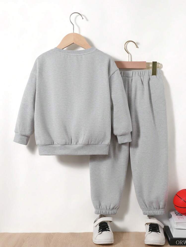 2pcs Young Boy Loose Casual Letter Print Pullover Hoodie And Elastic Cuff Pants Set, Fleece, Thick