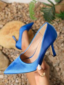 女士纯色优雅细高跟鞋，牛皮低帮尖头工作鞋 - 藍色 - 查看 2