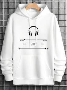 男士耳機印花連帽休閒衛衣 - 白色 - 查看 1