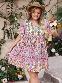 Rusttydustty 女士加大码印花V领宽松休闲连衣裙，波西米亚风，适合复活节、海滩、夏威夷音乐节、热带度假等场合 - 粉色 - 查看 6