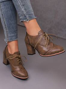 Zapatos marrones de estilo británico con tacón bloque, cordones y hechos (PU) - Óxido marrón - Ver 3