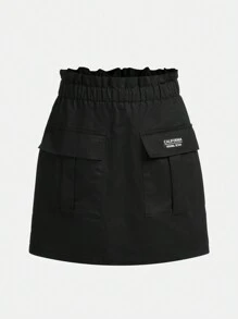 SHEIN Tween 女童梭織純色 A 字裙,高腰紙袋細節 - 卡其色 - 查看 1