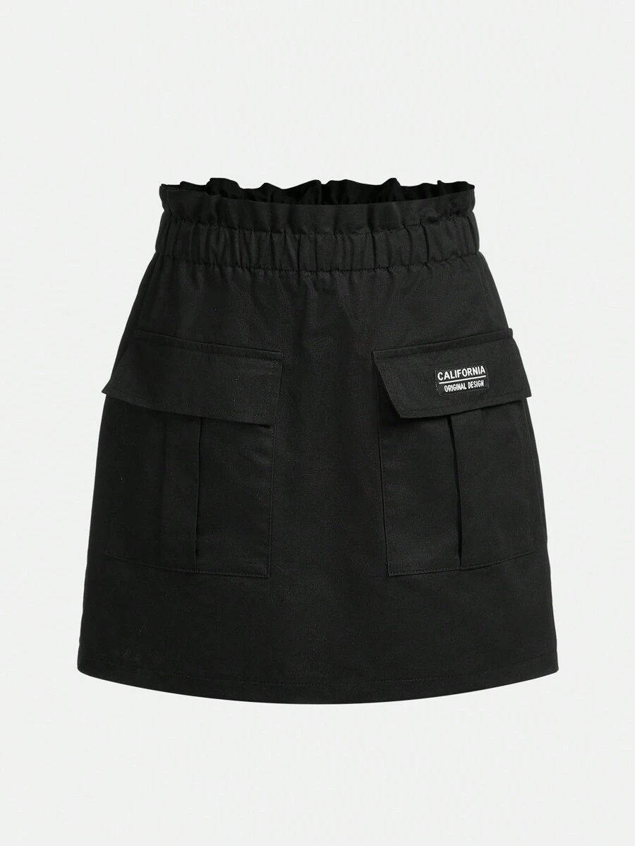 SHEIN Tween 女童梭織純色 A 字裙,高腰紙袋細節 - 卡其色 - 查看 1