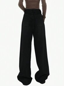 Retro Màu thuần Thẳng Denim Quần - màu đen - Xem 2