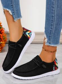 女士圓頭拼色繫帶透氣一腳蹬運動鞋,休閒時尚 - 黑色 - 查看 1