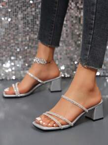 Fairy-Style Square Toe Thick Heel Sandals For Women, Fashion Versatile Multi-Strap Rhinestone High Heels, Suitable For Date, Shopping, Party, Gathering, Commute, Business,Spring Summer Outfits - Silver - View 3