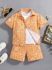 Bé trai Lỏng lẻo phù hợp In hoa Paisley Ngắn tay Áo sơ mi Và Bộ quần short - Nhiều màu - Xem 1