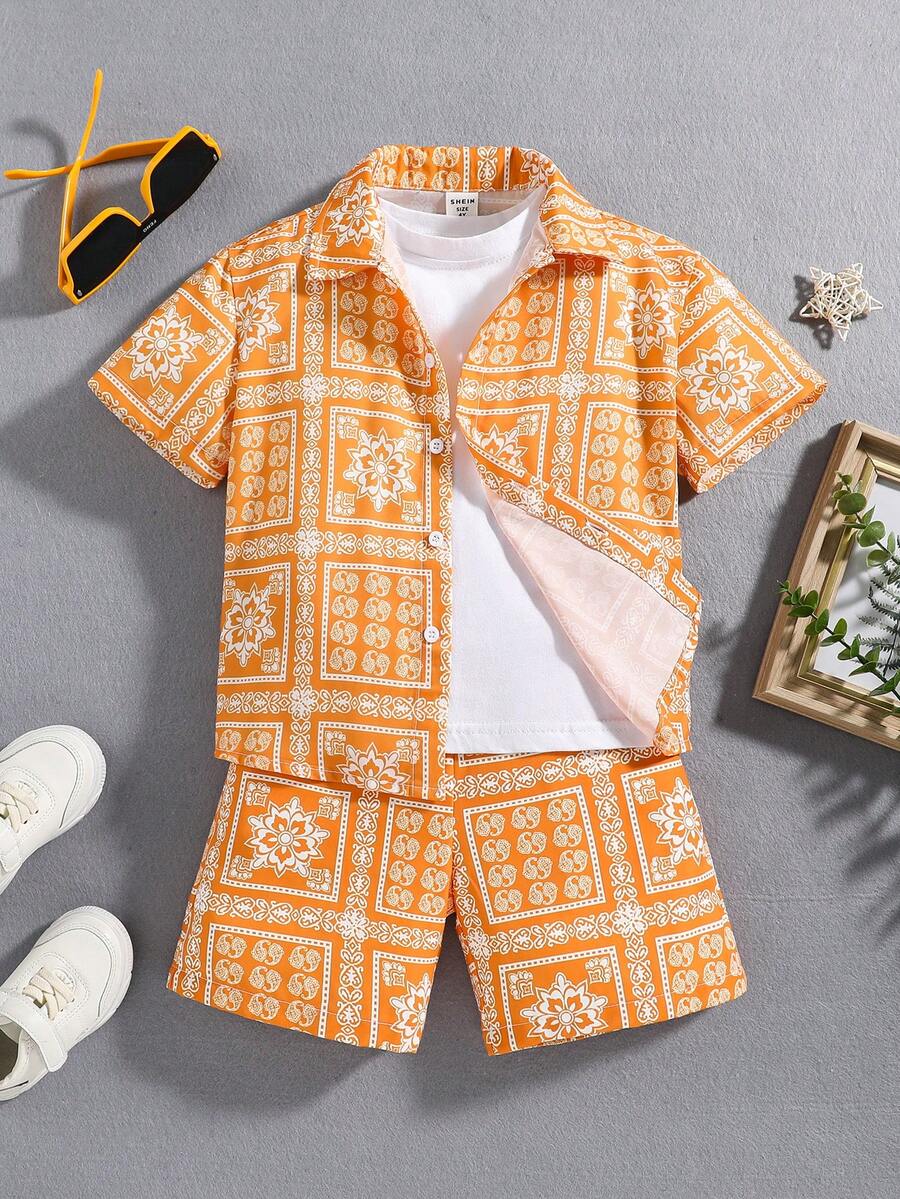 Bé trai Lỏng lẻo phù hợp In hoa Paisley Ngắn tay Áo sơ mi Và Bộ quần short - Nhiều màu - Xem 1