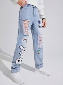 SHEIN Gestickte Buchstaben Jeans Mit Geradem Schnitt Und Samt-futter Für Männer Und Teenager