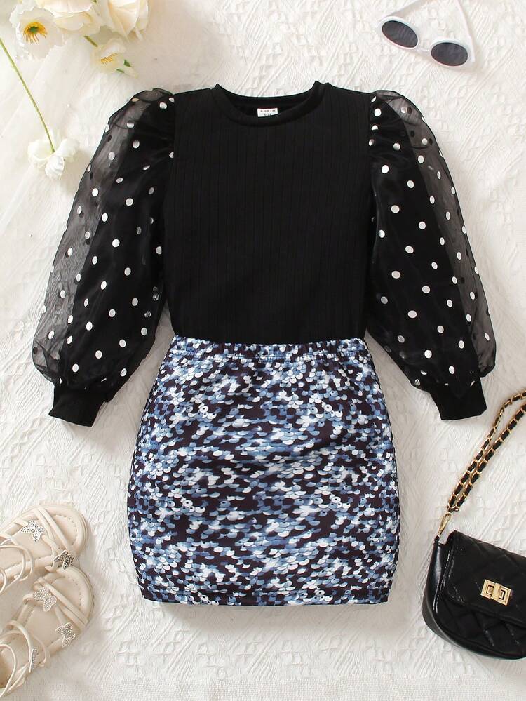 Little Girls' Mesh Polka Dot Print Patchwork Top And Glitter Skirt
