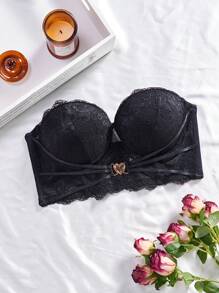 Lace Strapless Bra Decorated With Rhinestone Heart Lingerie - Black - View 3