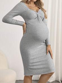 SHEIN Maternity Ribbed Twist Front Bodycon Dress - Grey - View 5