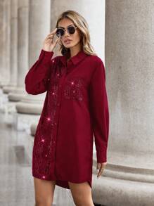 SHEIN LUNE Women's Patchwork Sequin Shirt Dress - Burgundy - View 3