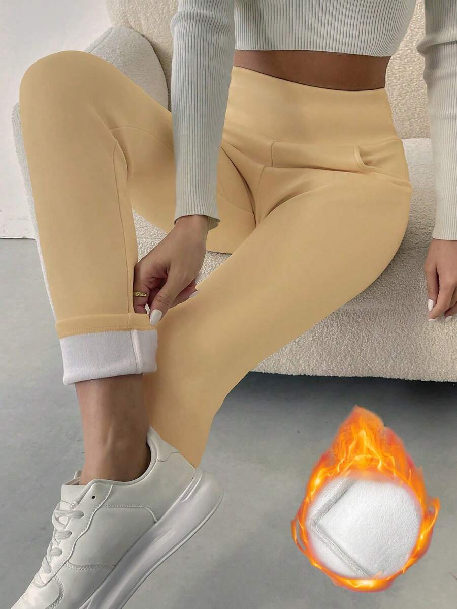 SHEIN Essnce 女士纯色保暖内衬紧身裤 - 卡其色 - 查看 1