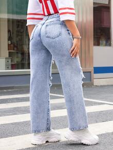 SHEIN ICON Women's Ripped Water Washed Denim Straight Leg Jeans - Light Wash - View 2