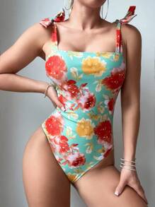 SHEIN Swim 夏季女士连体花卉印花细肩带泳衣新年 - 彩色 - 查看 6