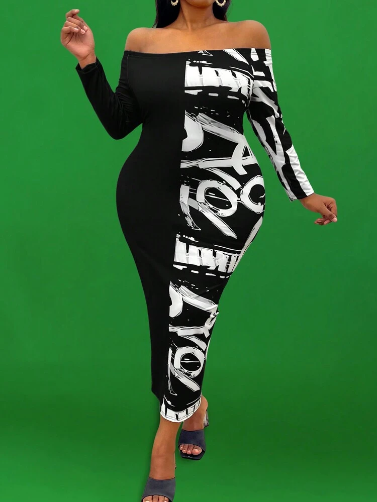 Plus Graphic Print Off Shoulder Bodycon Dress Fall Cloth For Women