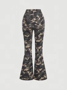 SHEIN Teenage Girls' Camouflage Print Casual High Waist Flared Jeans - Army Green - View 2