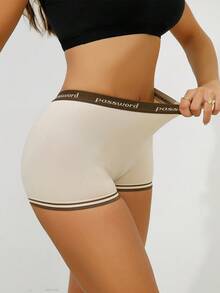 無縫女士拼色中腰短褲內褲打底運動褲 - 杏色 - 查看 3