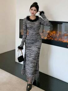 DAZY Women's Patchwork Furry Long Sleeve Sweater Dress - Grey - View 4
