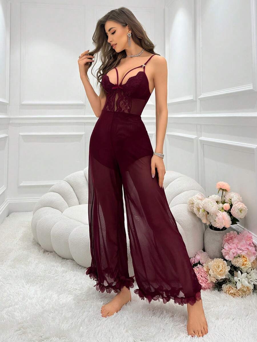 Slumberist Lace Detailing Hollow Out Mesh Cami Jumpsuit - Burgundy - View 1