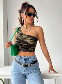 SHEIN EZwear 一字肩迷彩風格個性修身上衣 - 彩色 - 查看 4