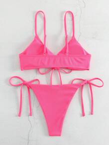 SHEIN Swim 分開式上下身比基尼套裝,無鋼圈和側邊扣帶丁字褲,適用於音樂節 - 玫紅色 - 查看 2