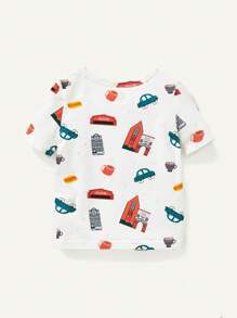 Cozy Pixies Baby Boy Snug-Fit Pajamas With Car Pattern Rounded Neck Short Sleeve Top And Short Set - Orange - View 3